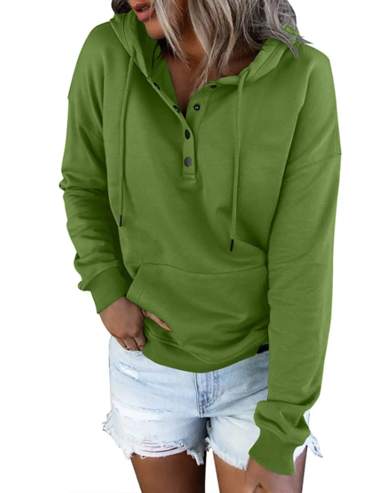 Women's Beige Hooded Pullover Sweater with Drawstring & Buckle