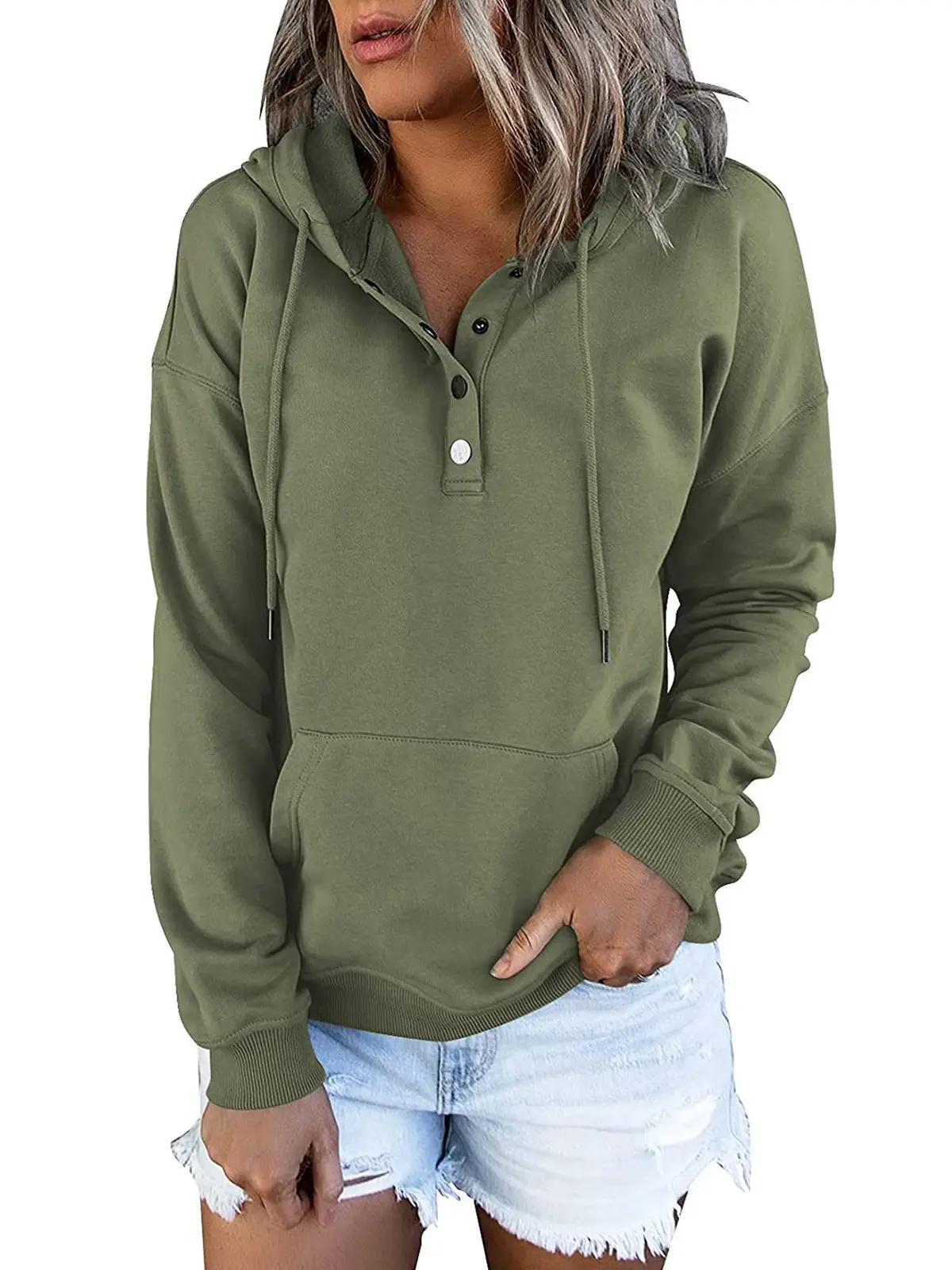 Women's Beige Hooded Pullover Sweater with Drawstring & Buckle