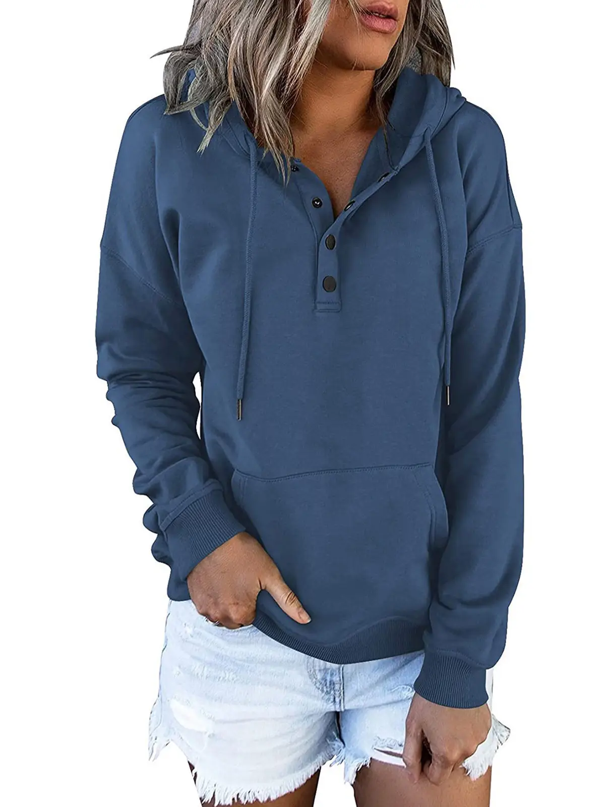 Women's Beige Hooded Pullover Sweater with Drawstring & Buckle