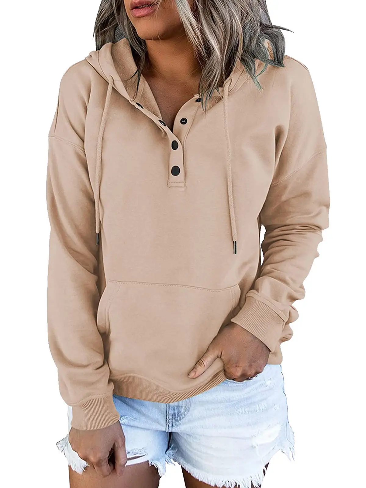 Women's Beige Hooded Pullover Sweater with Drawstring & Buckle