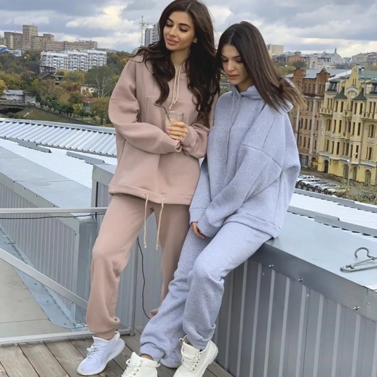 Women Pink Hooded Sweatshirt Set Winter Casual 2021 — feature 2