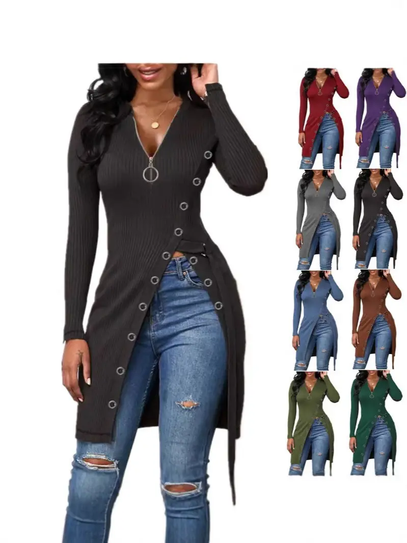 Purple V-Neck Long Sleeve Ribbed Zipper Top for Women