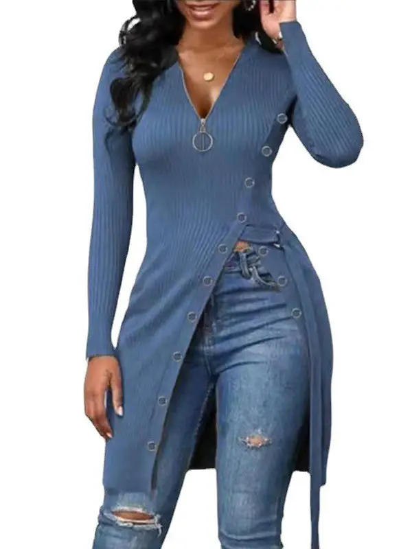 Purple V-Neck Long Sleeve Ribbed Zipper Top for Women