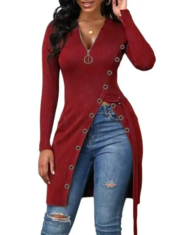 Purple V-Neck Long Sleeve Ribbed Zipper Top for Women