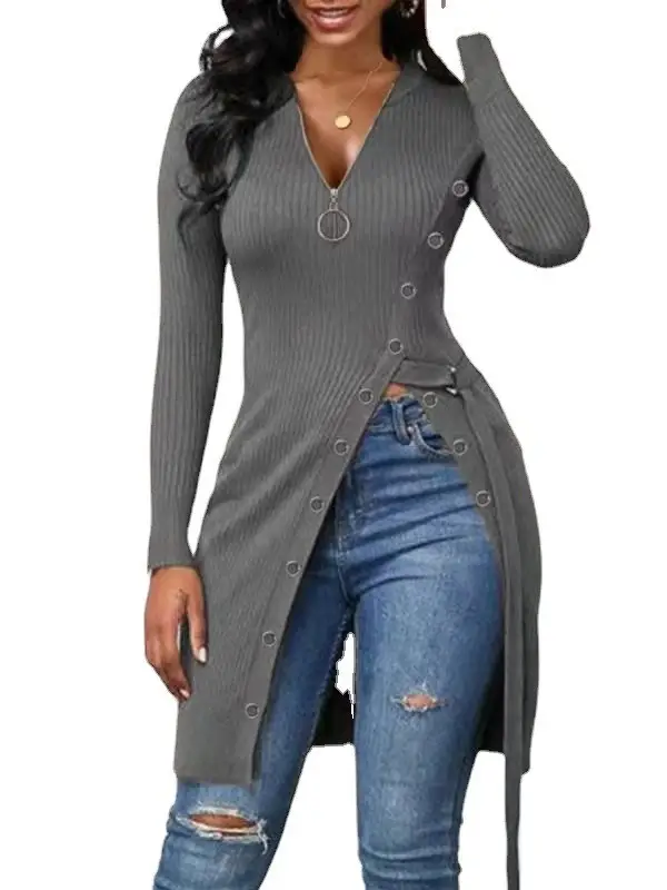 Purple V-Neck Long Sleeve Ribbed Zipper Top for Women