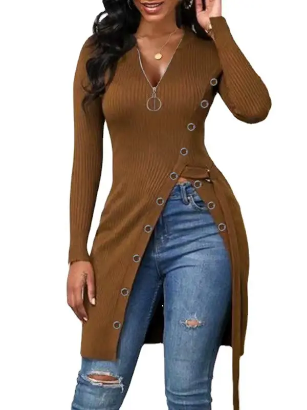 Purple V-Neck Long Sleeve Ribbed Zipper Top for Women