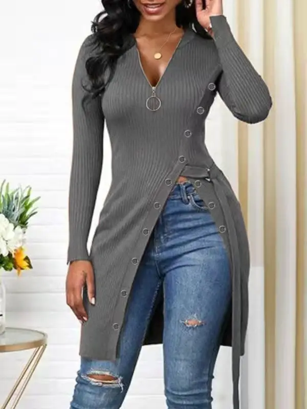 Purple V-Neck Long Sleeve Ribbed Zipper Top for Women