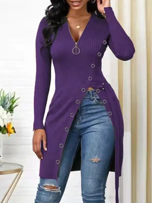 Purple V-Neck Long Sleeve Ribbed Zipper Top for Women