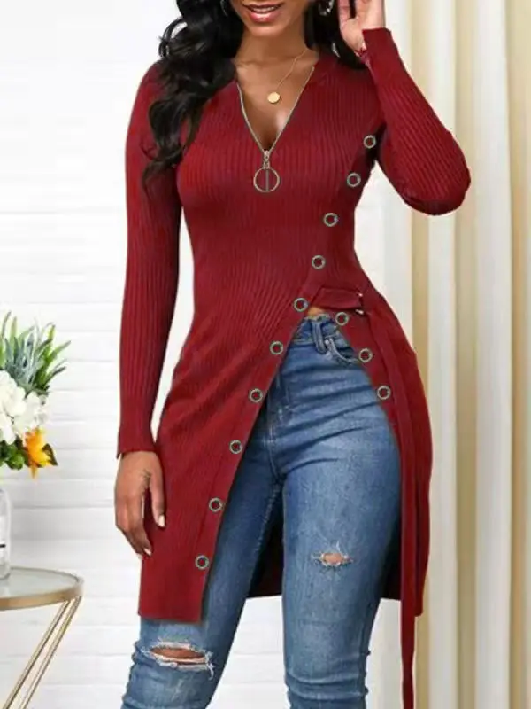 Purple V-Neck Long Sleeve Ribbed Zipper Top for Women