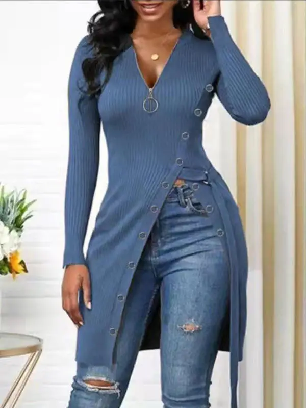 Purple V-Neck Long Sleeve Ribbed Zipper Top for Women