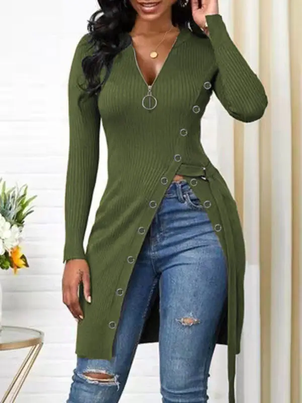 Purple V-Neck Long Sleeve Ribbed Zipper Top for Women