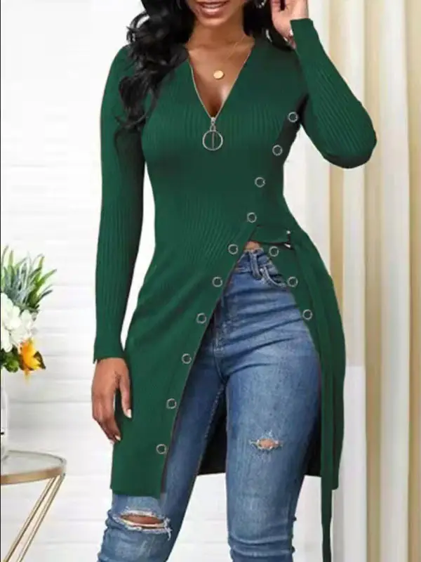 Purple V-Neck Long Sleeve Ribbed Zipper Top for Women