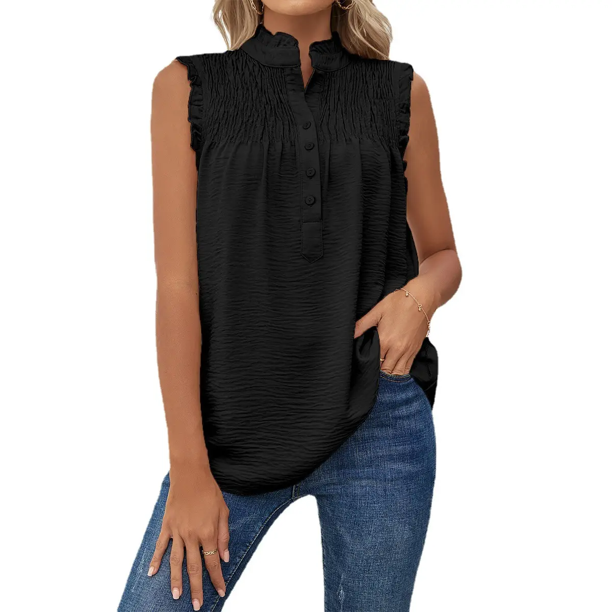 Sleeveless Ruffled Button Vest Blue Women - Image 6