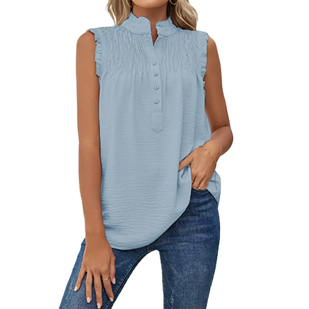 Sleeveless Ruffled Button Vest Blue Women - Image 7