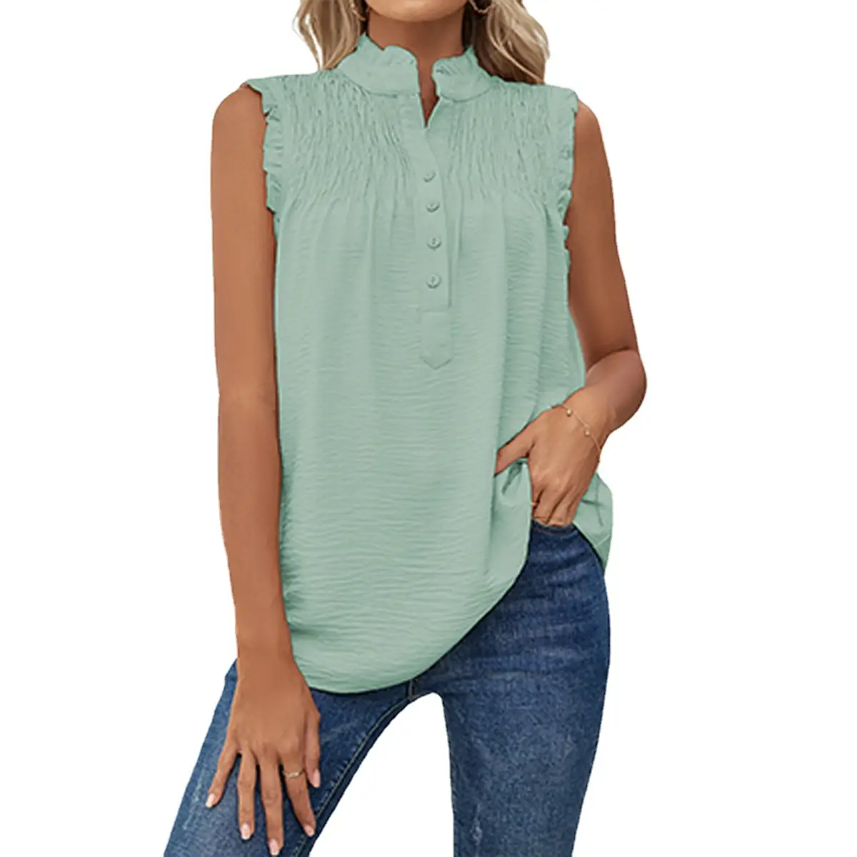 Sleeveless Ruffled Button Vest Blue Women - Image 8