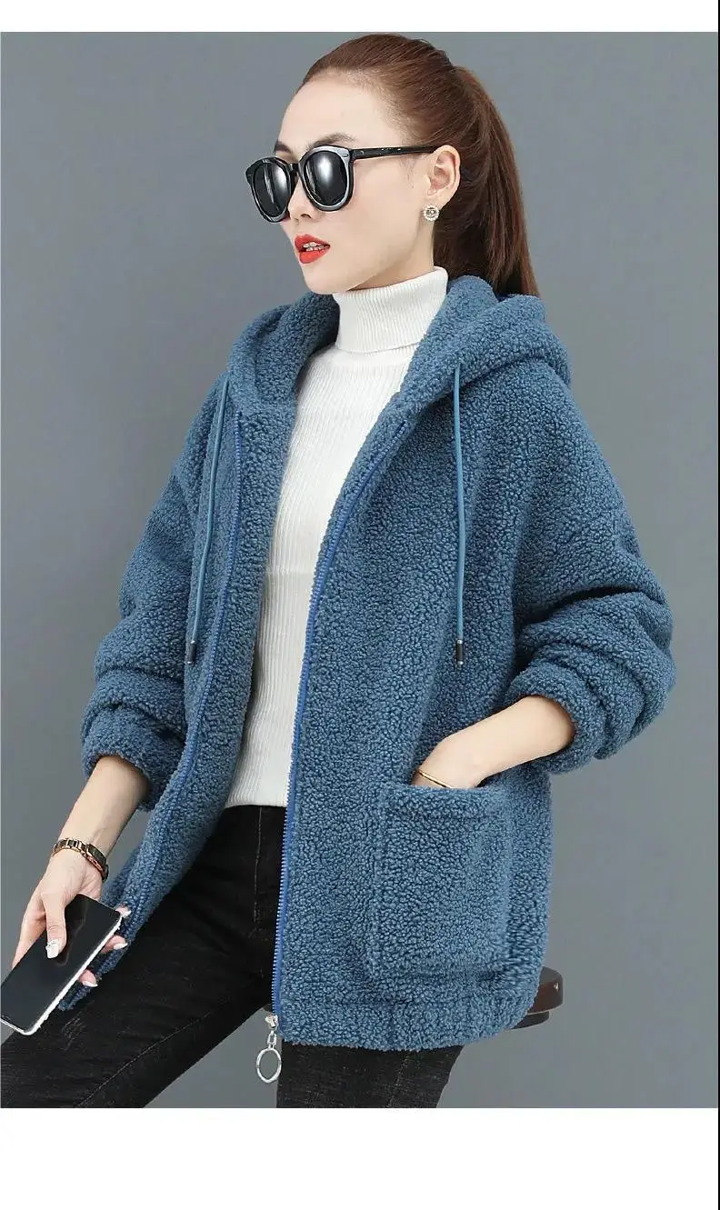 Women Fleece Lined Lamb Wool Coat Blue 2022 — feature 16