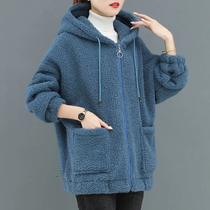 Women Fleece Lined Lamb Wool Coat Blue 2022 — feature 23