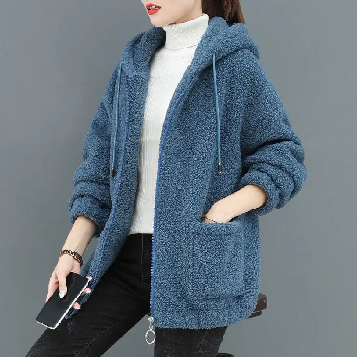 Women Fleece Lined Lamb Wool Coat Blue 2022 - Image 2
