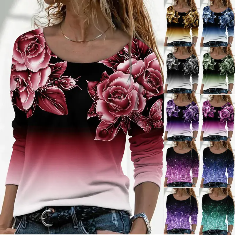 3D Printed Long Sleeve T-Shirt for Women Purple Floral - Image 12