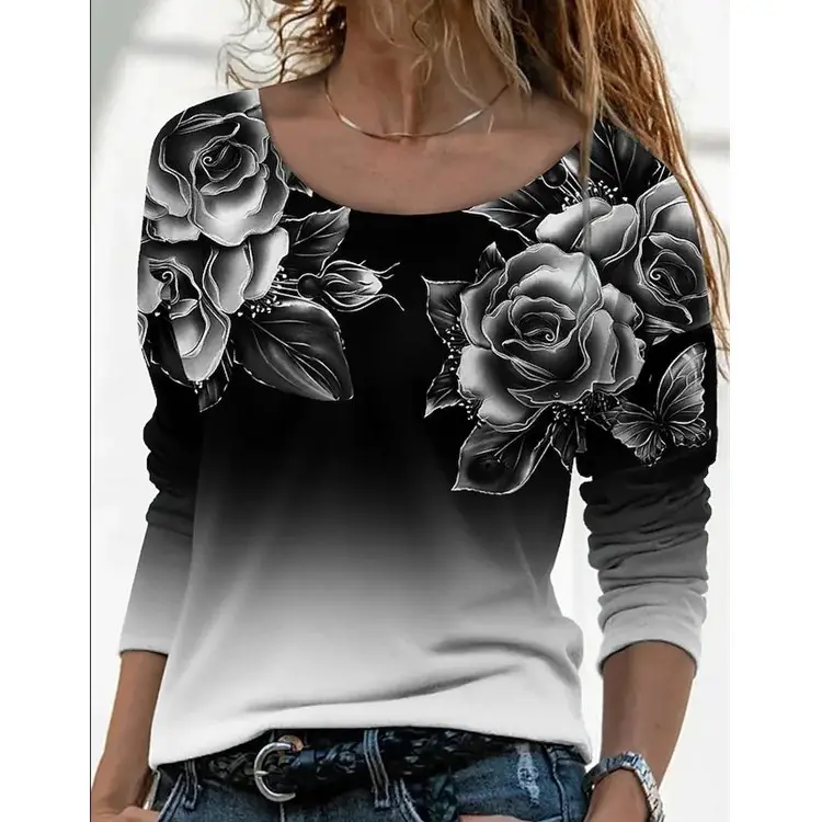 3D Printed Long Sleeve T-Shirt for Women Purple Floral - Image 13