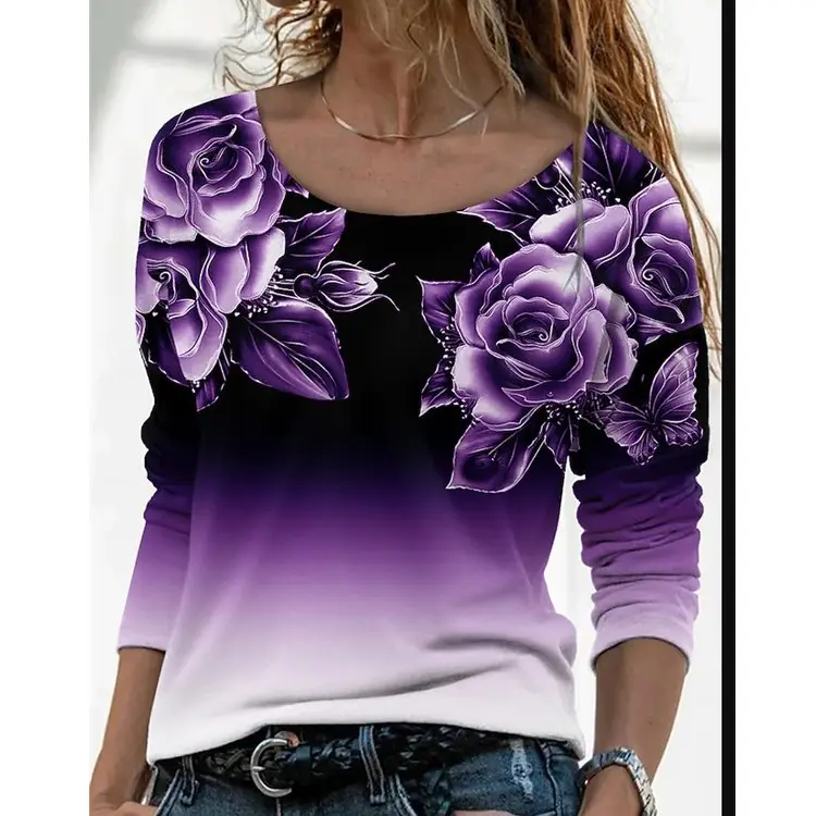 3D Printed Long Sleeve T-Shirt for Women Purple Floral - Image 14