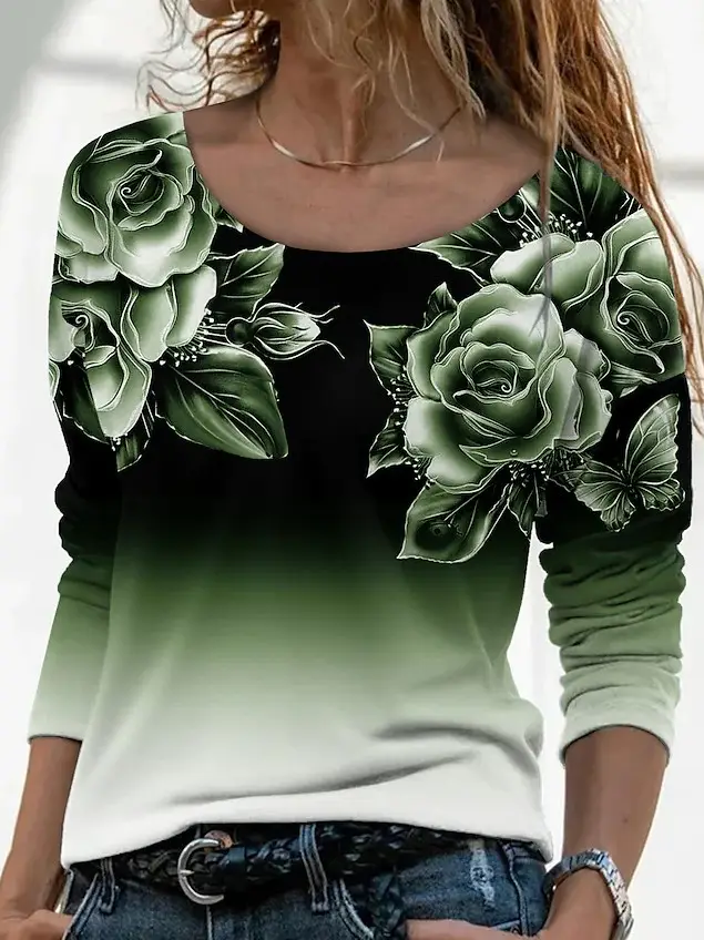 3D Printed Long Sleeve T-Shirt for Women Purple Floral - Image 2