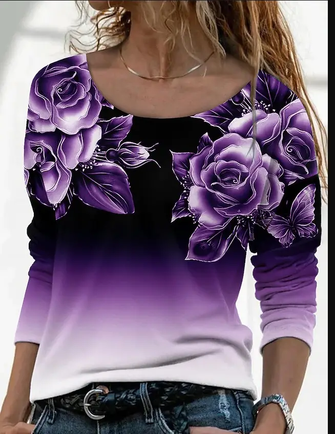 3D Printed Long Sleeve T-Shirt for Women Purple Floral - Image 3