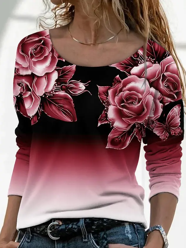 3D Printed Long Sleeve T-Shirt for Women Purple Floral - Image 4