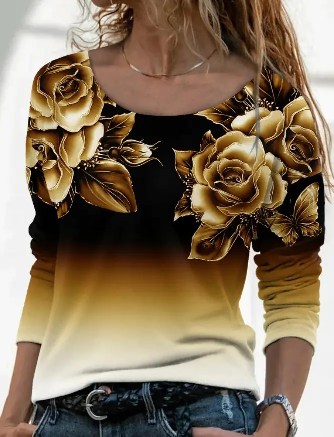 3D Printed Long Sleeve T-Shirt for Women Purple Floral - Image 5