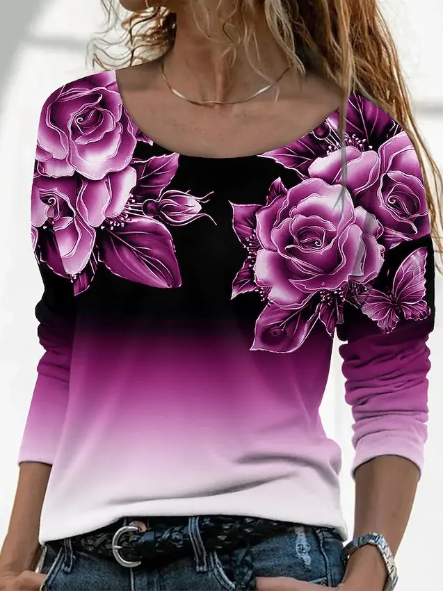 3D Printed Long Sleeve T-Shirt for Women Purple Floral - Image 7