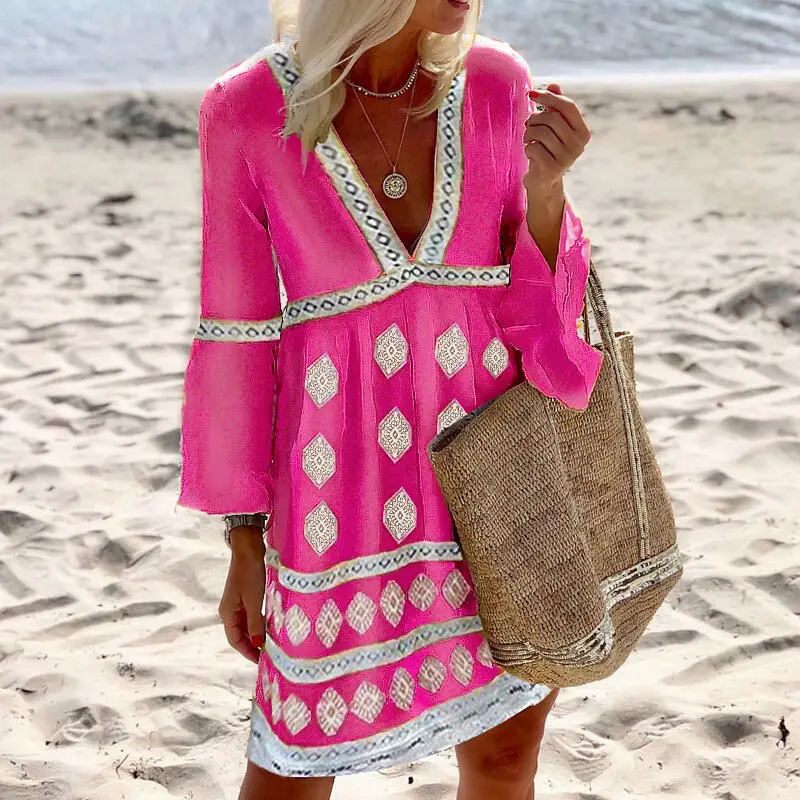 Pink Printed V-Neck Mid-Length Dress for Women - Image 4