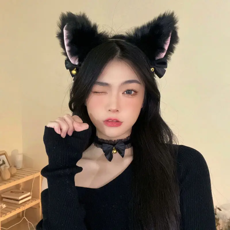 Plush Cat Ears Headband for Women Black - Image 25