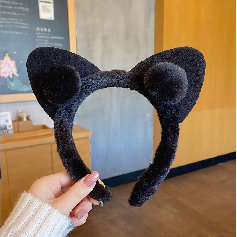Plush Cat Ears Headband for Women Black - Image 10