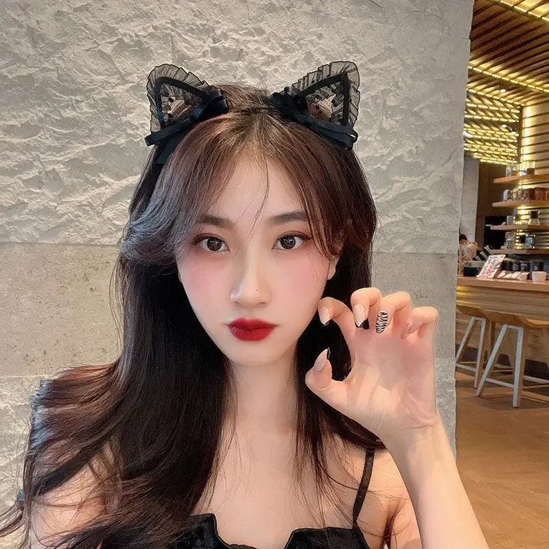 Plush Cat Ears Headband for Women Black - Image 5