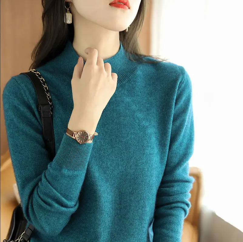 Women Wool Half-Turtleneck Sweater Teal 2021 - Image 5