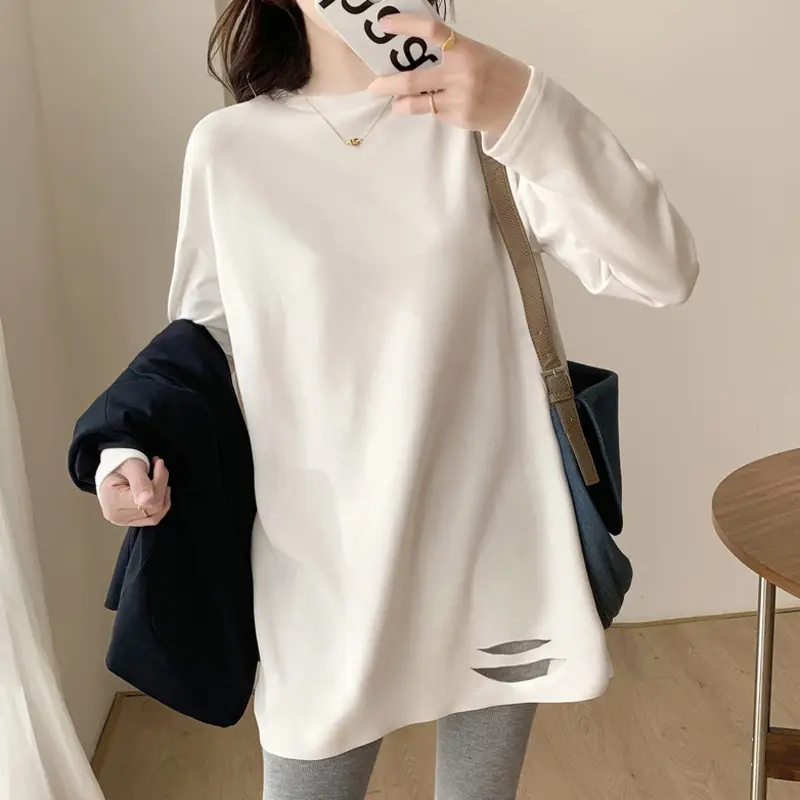 White Velvet Cotton Mid-Length Sweatshirt for Women - Image 5