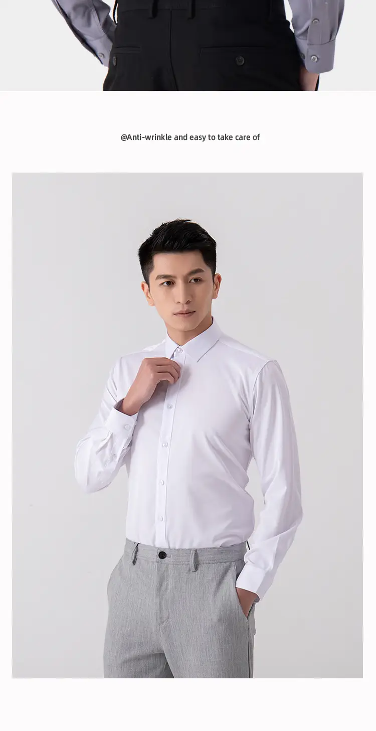 New Men's Elastic No-Iron Long-Sleeved Professional Shirt Cross-Border European and American Solid Color Interview Formal Business White Shirt — feature 12