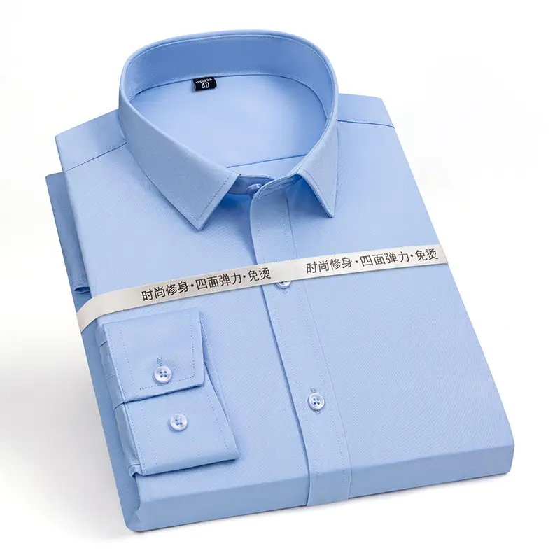 New Men's Elastic No-Iron Long-Sleeved Professional Shirt Cross-Border European and American Solid Color Interview Formal Business White Shirt - Image 2