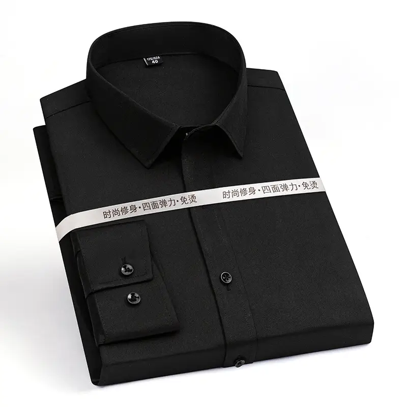 New Men's Elastic No-Iron Long-Sleeved Professional Shirt Cross-Border European and American Solid Color Interview Formal Business White Shirt - Image 3