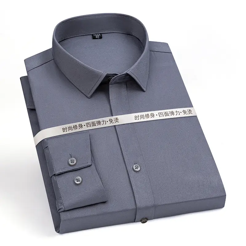 New Men's Elastic No-Iron Long-Sleeved Professional Shirt Cross-Border European and American Solid Color Interview Formal Business White Shirt - Image 5