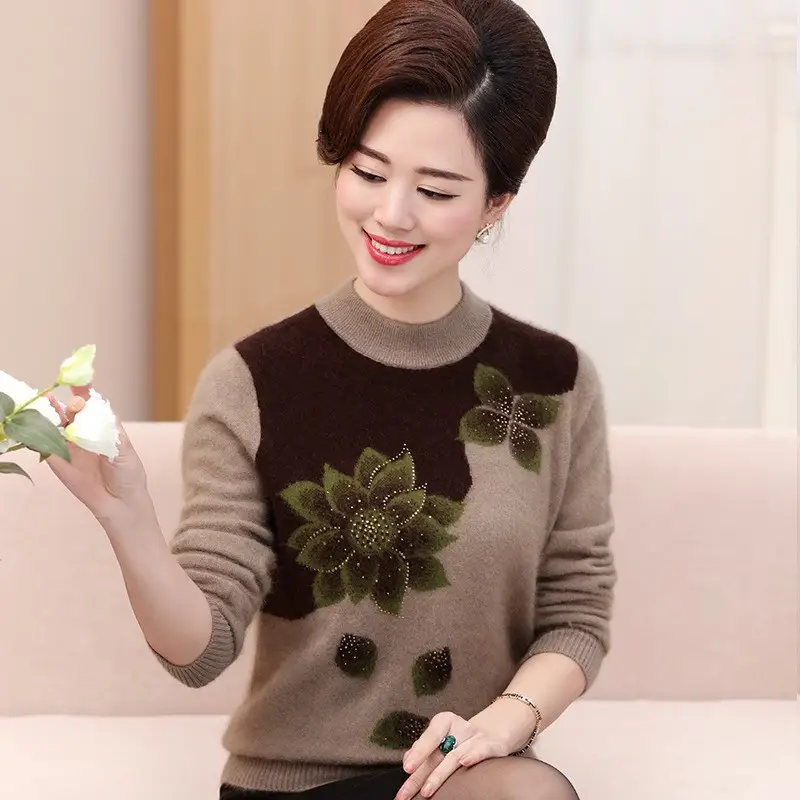 Middle-Aged Velvet Knit Sweater Brown Green Floral Large - Image 9