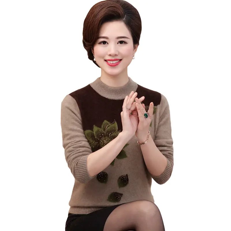 Middle-Aged Velvet Knit Sweater Brown Green Floral Large - Image 10