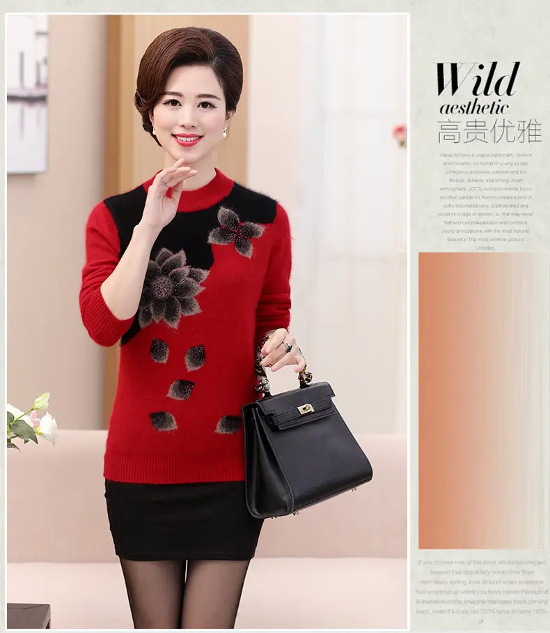 Middle-Aged Velvet Knit Sweater Brown Green Floral Large — feature 10