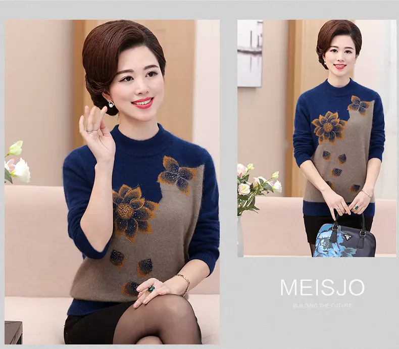 Middle-Aged Velvet Knit Sweater Brown Green Floral Large — feature 12