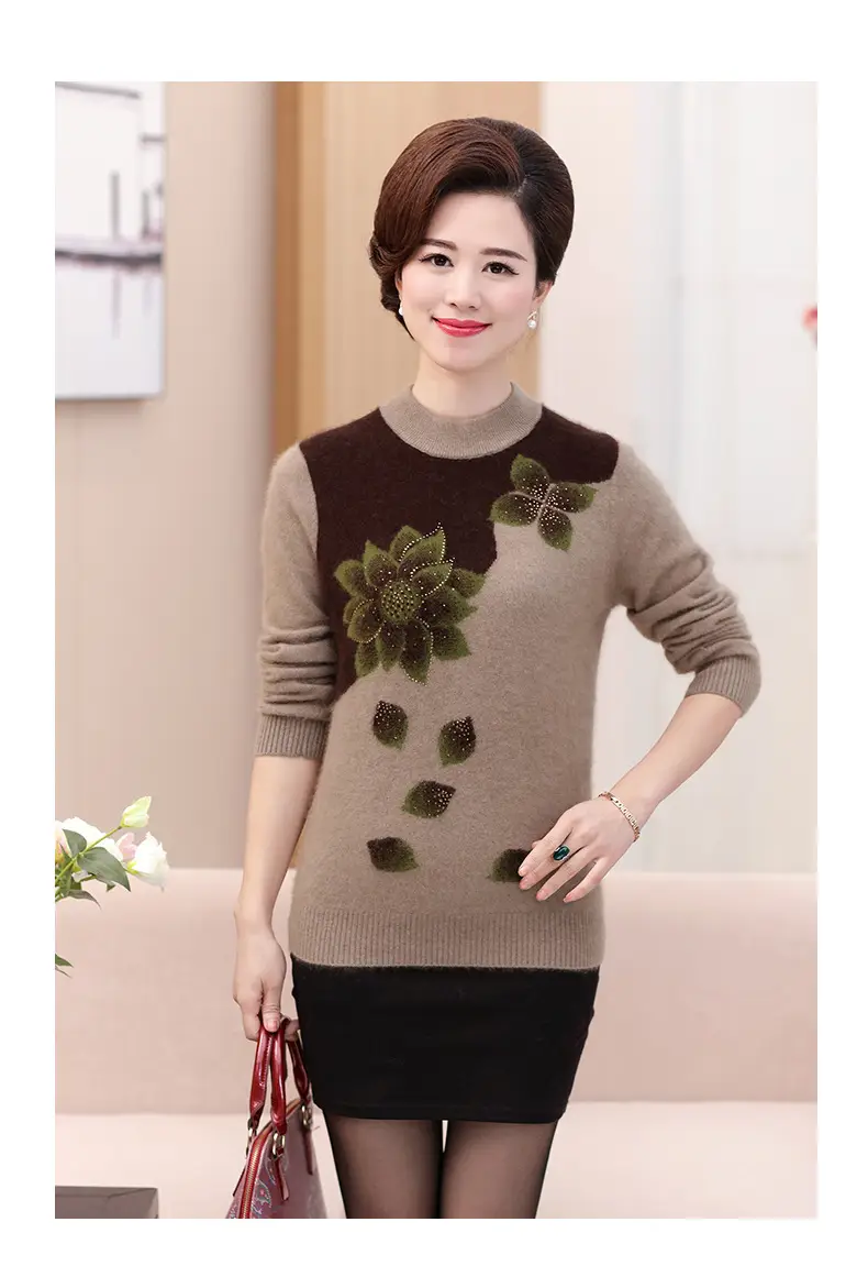 Middle-Aged Velvet Knit Sweater Brown Green Floral Large — feature 14