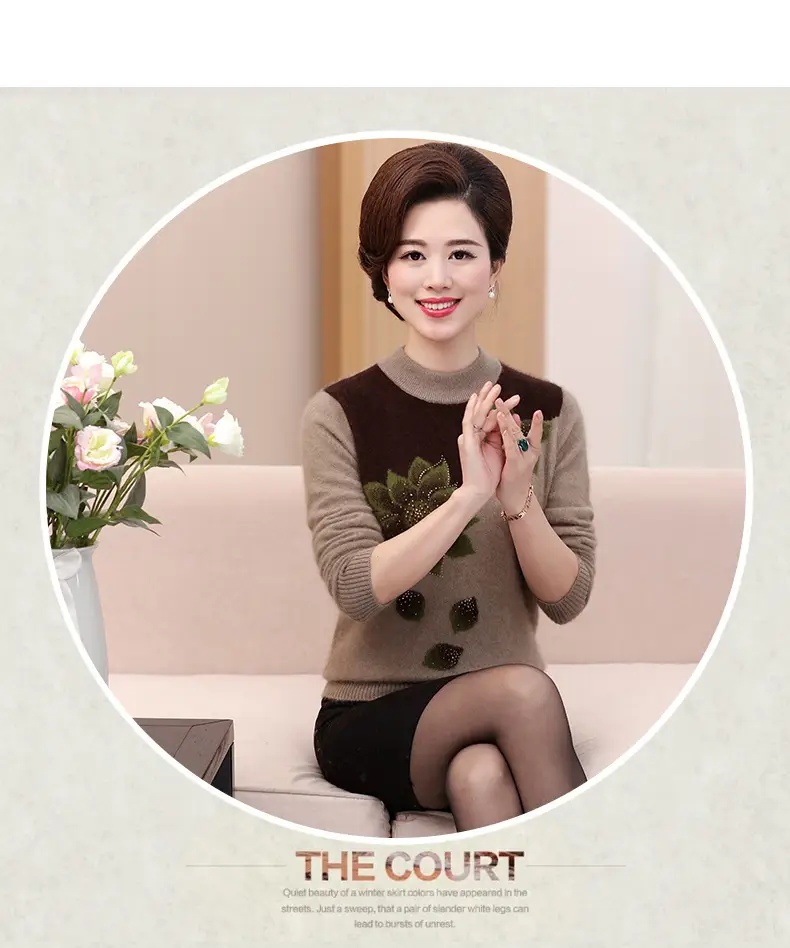 Middle-Aged Velvet Knit Sweater Brown Green Floral Large — feature 15