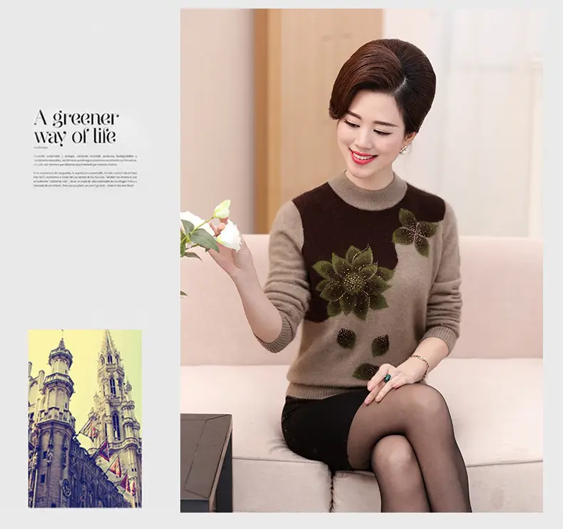Middle-Aged Velvet Knit Sweater Brown Green Floral Large — feature 17