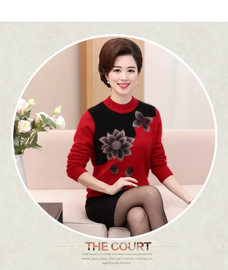 Middle-Aged Velvet Knit Sweater Brown Green Floral Large — feature 9
