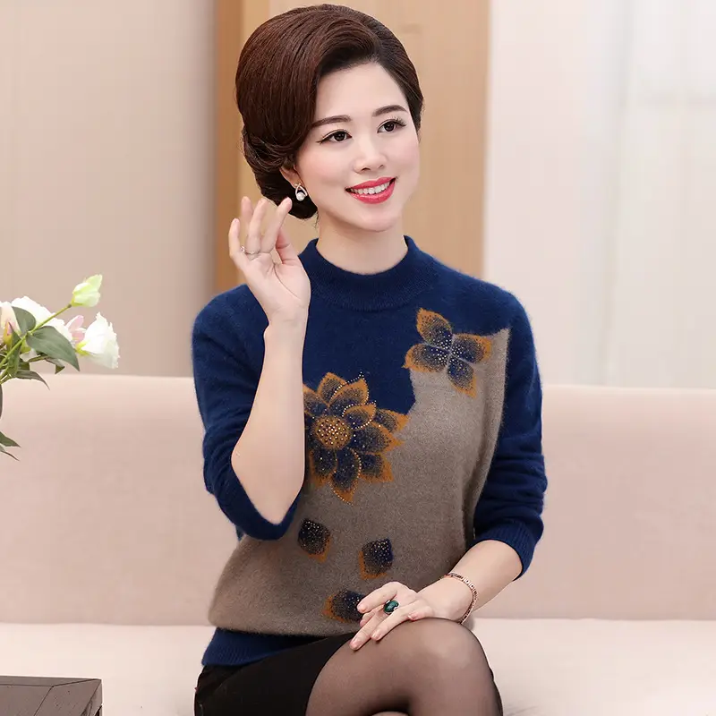 Middle-Aged Velvet Knit Sweater Brown Green Floral Large - Image 3