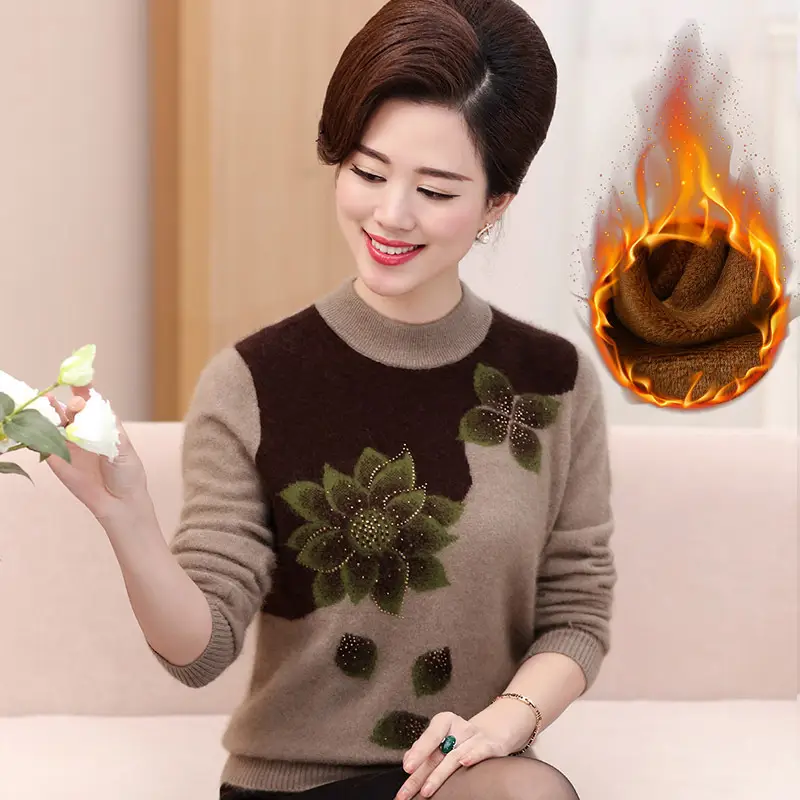 Middle-Aged Velvet Knit Sweater Brown Green Floral Large - Image 5